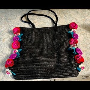 Betsey Johnson Large Black Straw Tote
